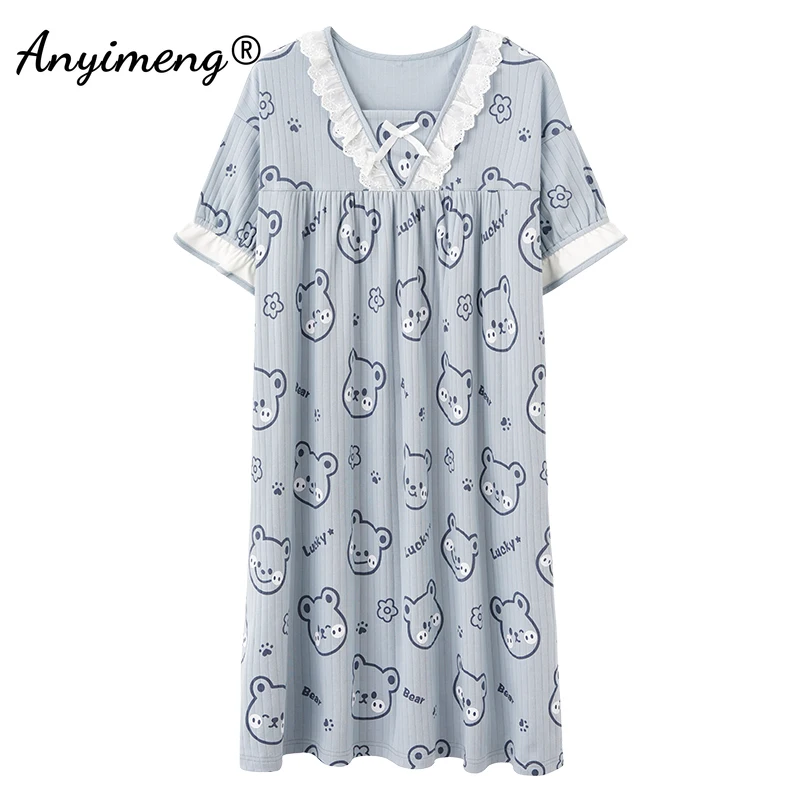 New Summer Kawaii Bear Printing Women Nightdress Close Skin Breathe Freely Homedress M-3XL Soft Cotton Loose Woman Nightgowns