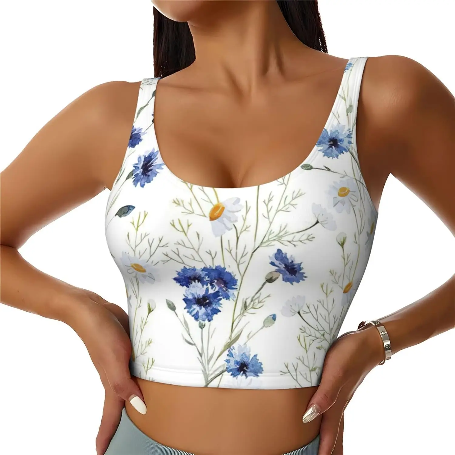 

Wild Flowers and Cornflowers Daisies Print Women's Workout Tank Tops Racerback Sleeveless Sports Vest for Gym