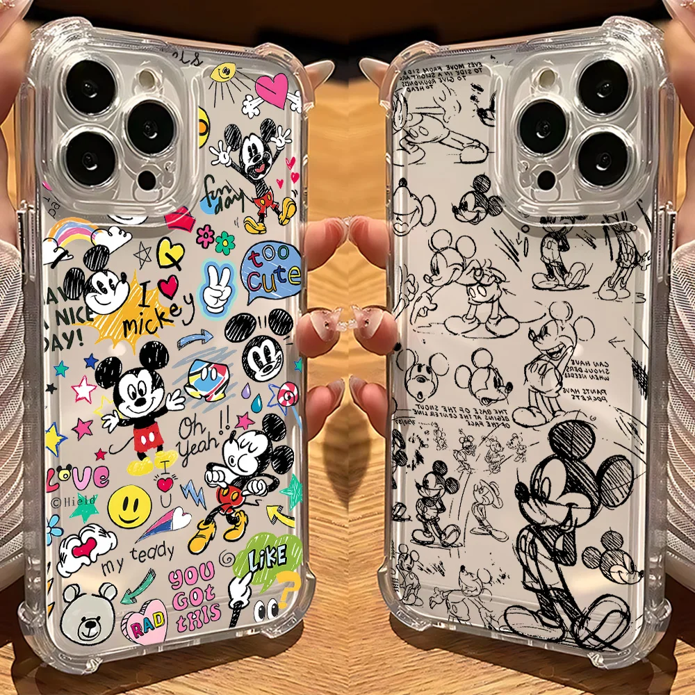 Cute Disneies Line Mickey Phone Case for IPhone 16 15 14 13 12 11 Mini Pro Max X XR XSMax 7 8 Plus Shockproof Transparent Cover