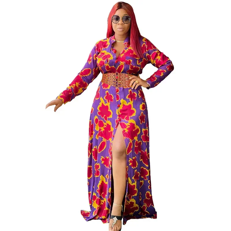 Dress For Women High Waist Full Sleeve Robes New Fashion Print Elegant Streetwear Africa Shirt Maxi Dresses Vestido 2024