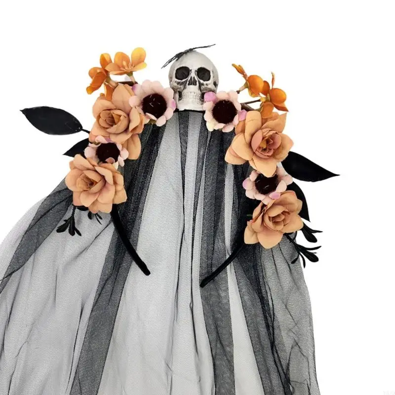 y5jd witch cosplay headpiece with skull punk flower hairband barty alloween party assent