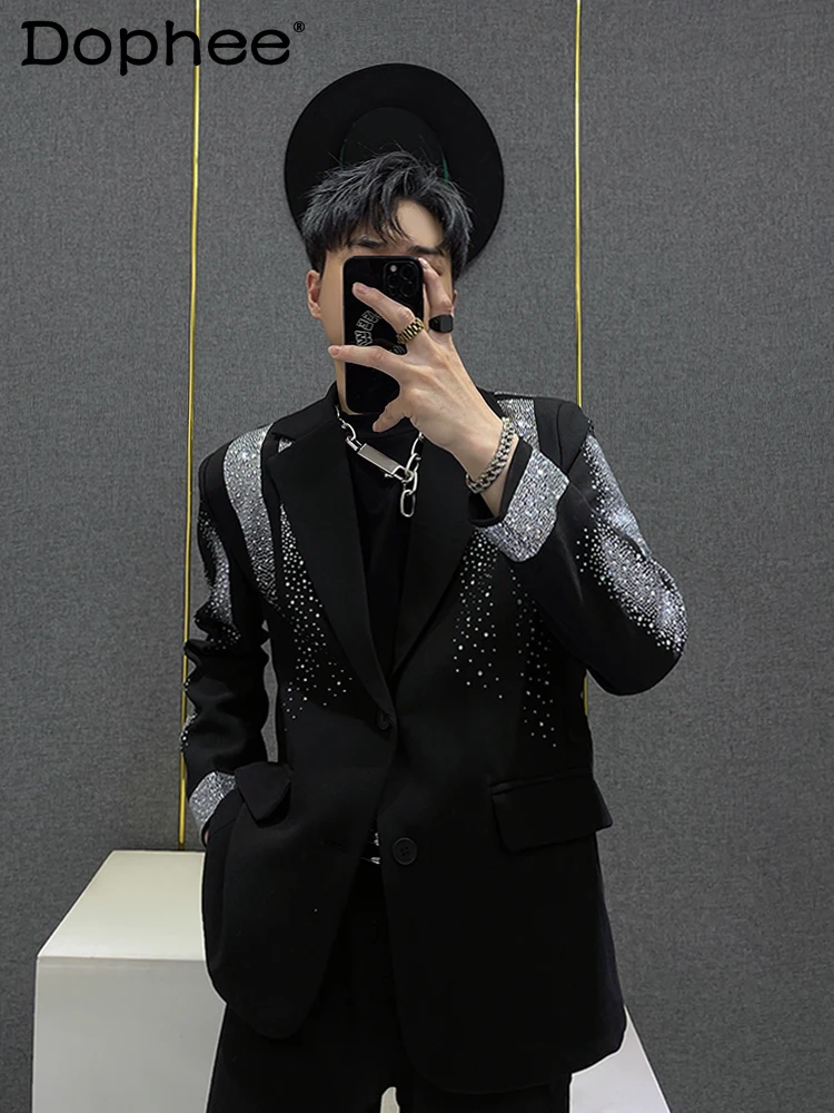 Men's Hot Rhinestone Starry Suit Jackets Handsome Trendy Male Loose Men's High-End Suit Jacket Fashion Long Sleeve Black Blazers