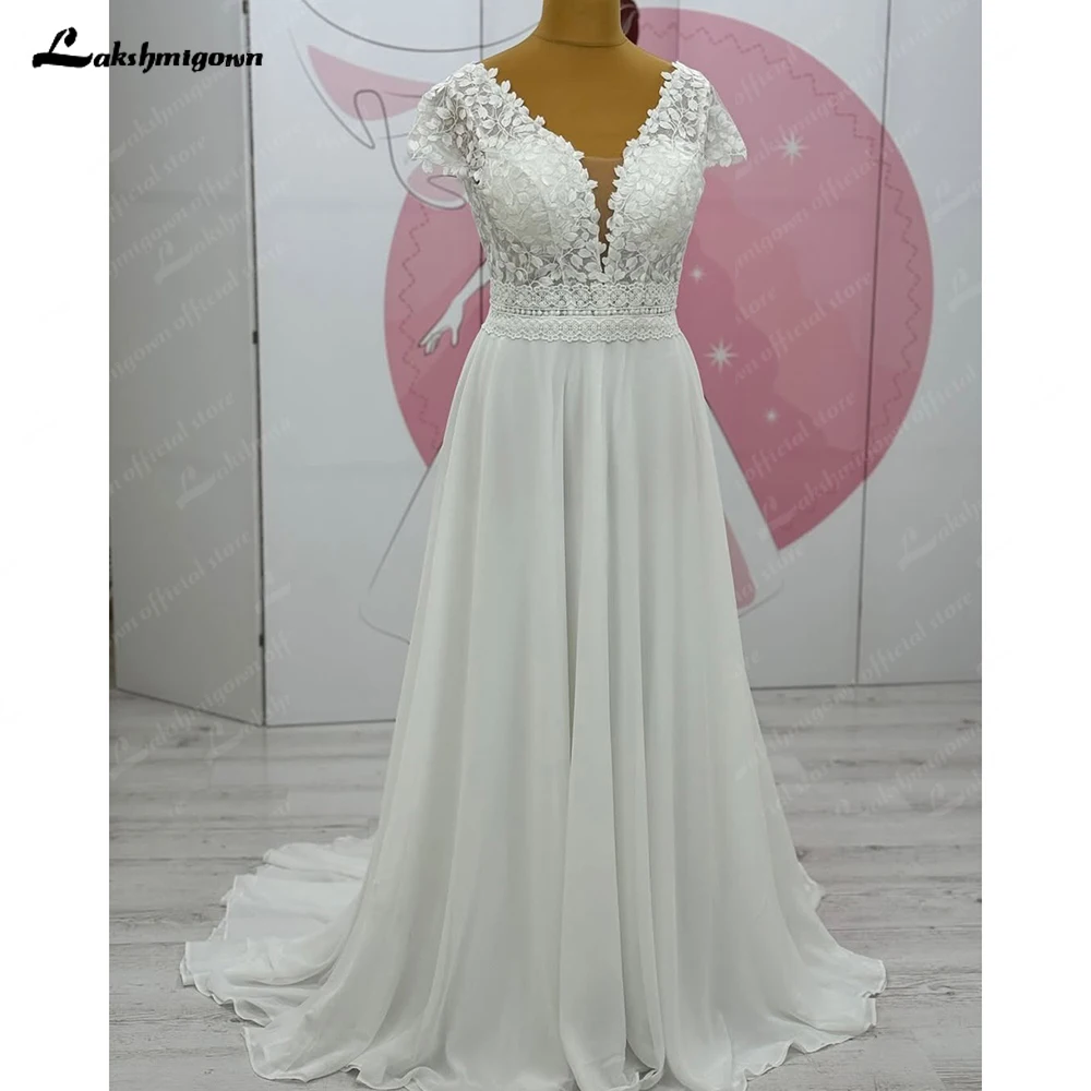 Lakshmigown Chiffon A-Line Wedding Dress Plus Size Double V-Neck Lace Robe De Mariée Bride Gowns Short Sleeves Customized