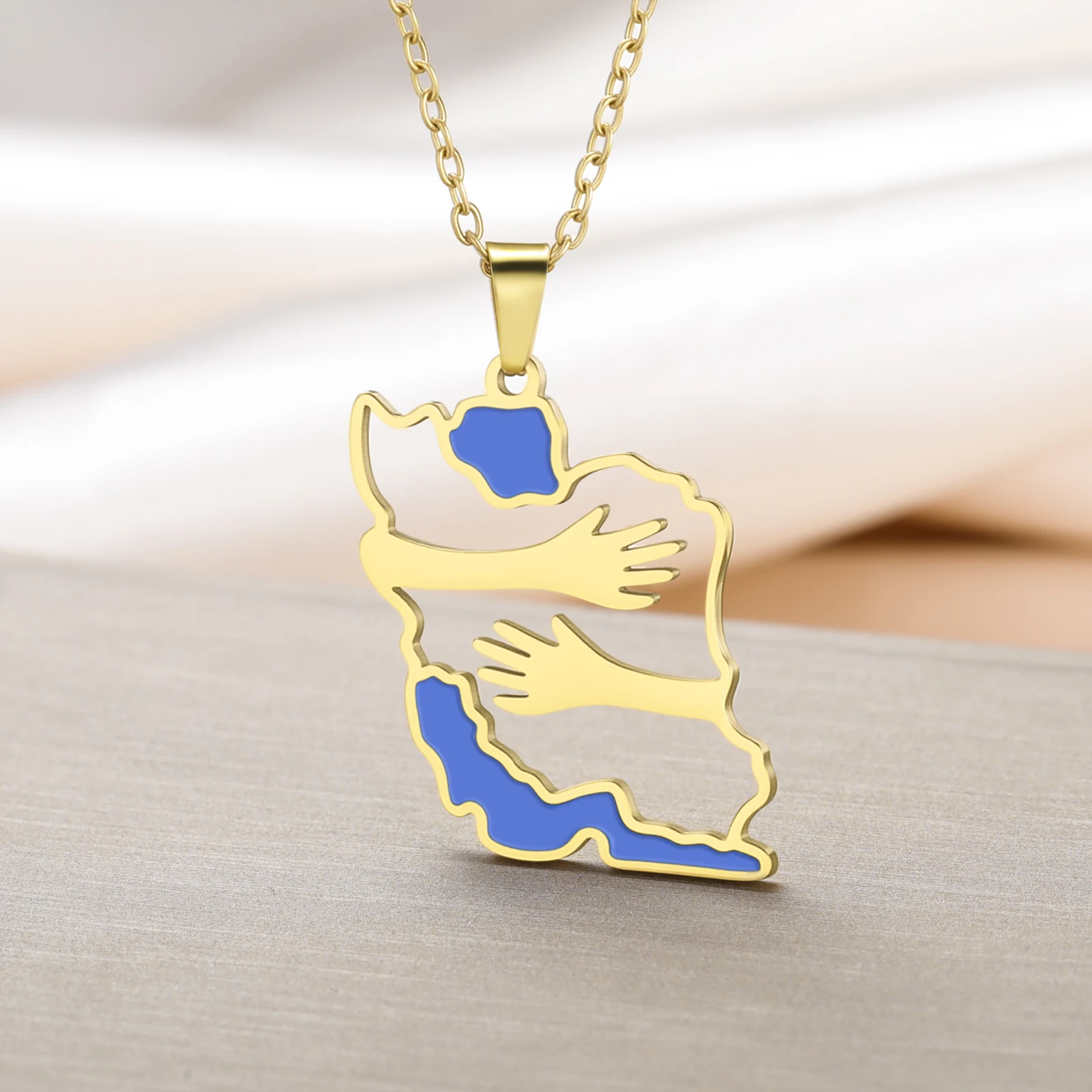 Embracing Iran Map Necklace with Both Hands Stainless Steel Geographical Iran Necklace Fashionable Ethnic Jewelry Souvenir Gift