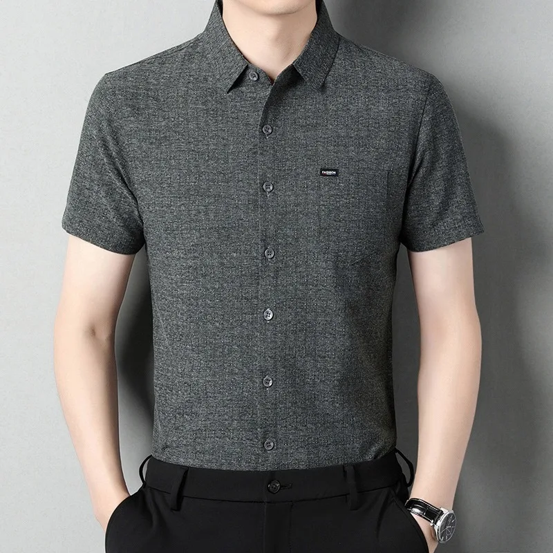 Men's Mulberry Silk Dress Shirts Short Sleeve Non Iron Wrinkle Linen Shirt Breast Pocket Tops Casual High End Quality Clothing