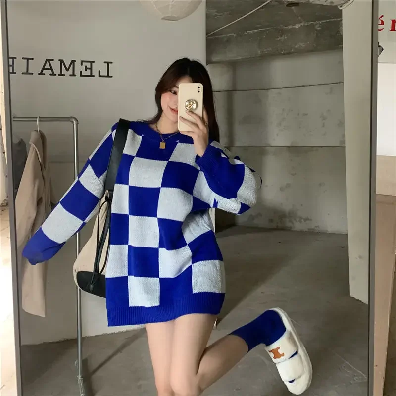 

Ladies Sweaters Pullovers Knitted Top for Women Long Plaid Black Autumn Winter 2024 Clothes Streetwear Trend Korean Luxury Style