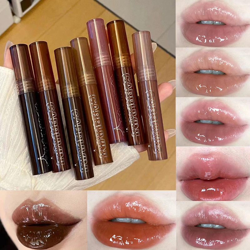 Cappuvini Punk Dark Brown Mirror Water Lip Gloss Red Lip Glaze Transparent Glass Lip Oil Waterproof Liquid Lipstick Tint Makeup