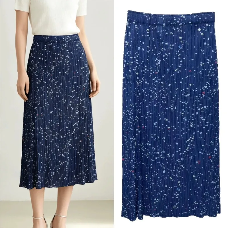 Miyake Floral Pleated Skirt Women 2026 Autumn New Elastic Waist Pleats Straight Mid-Length Jupe Elegant Draped Printed Skirt