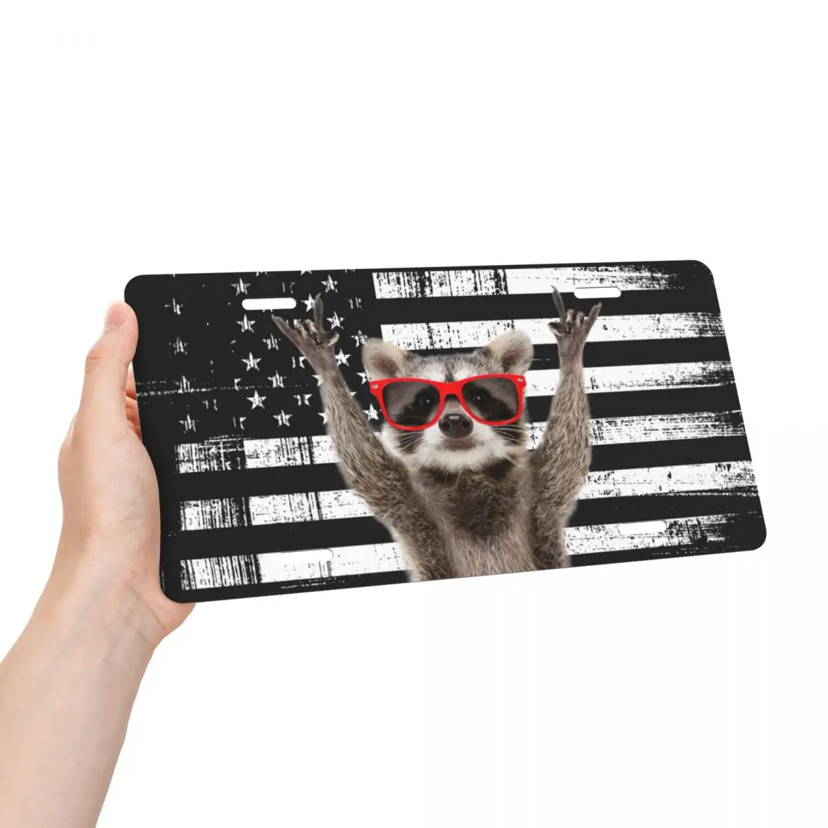 Personalized Raccoon License Plate American Flag Animals Decorative Car Front License Plate Cover Aluminum Vanity Tag 6x12 Inch