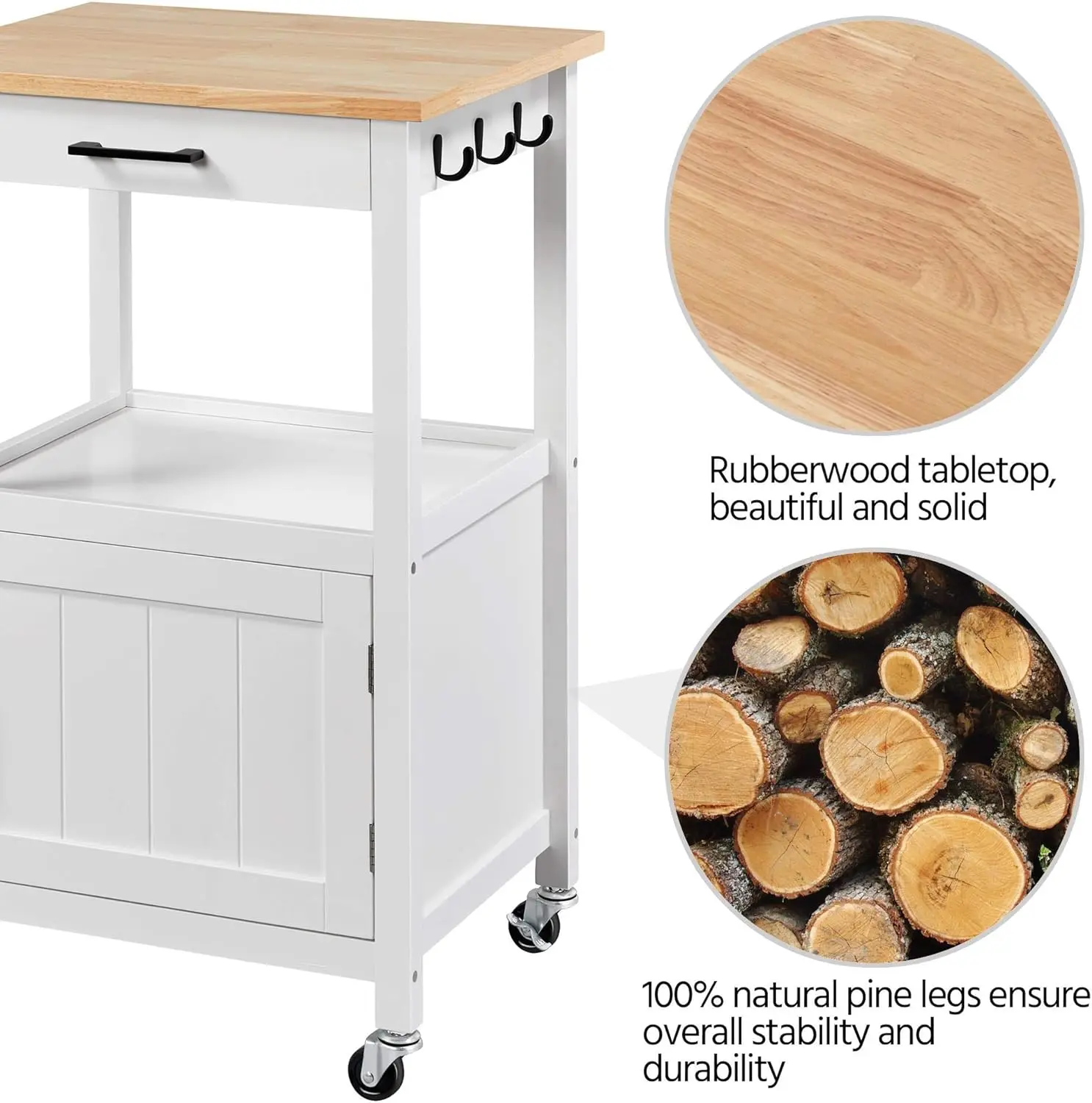 Rolling Kitchen Island com armário de porta única Carrinho de cozinha Gaveta em rodas giratórias Carrinho de café pequeno Suporte de microondas