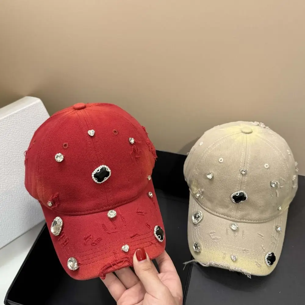 Cotton Rhinestone Baseball Cap Rhinestone Embellished Vintage Wash Hole Washed Hat Torn Effect Adjustable Snapback Hip Hop Cap