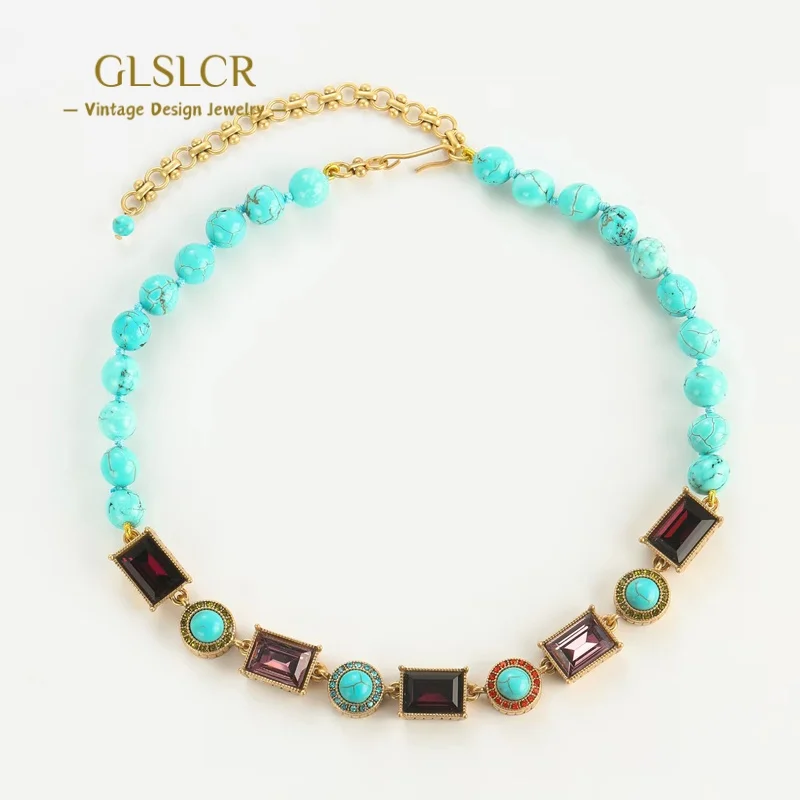 

Vintage Turquoise Necklace Choker For Women Square Purple Crystal Jewelry and Accessories Luxury Dubai Designer Music Festival