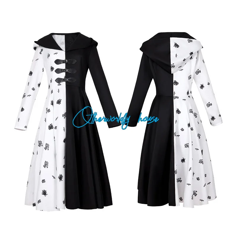 Cruella De Vil Cosplay Costume Girls Women Evil Madame Cruella De Vil Cosplay Black White Maid Dress Wig Halloween Party Costume