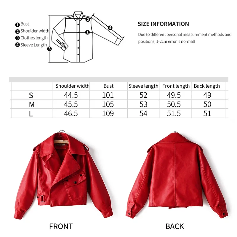 Kobiety Wiosna Jesień Casual Czarne kurtki ze sztucznej skóry Zamek błyskawiczny Płaszcz podstawowy Wywijany kołnierz CZERWONA kurtka motocyklowa
