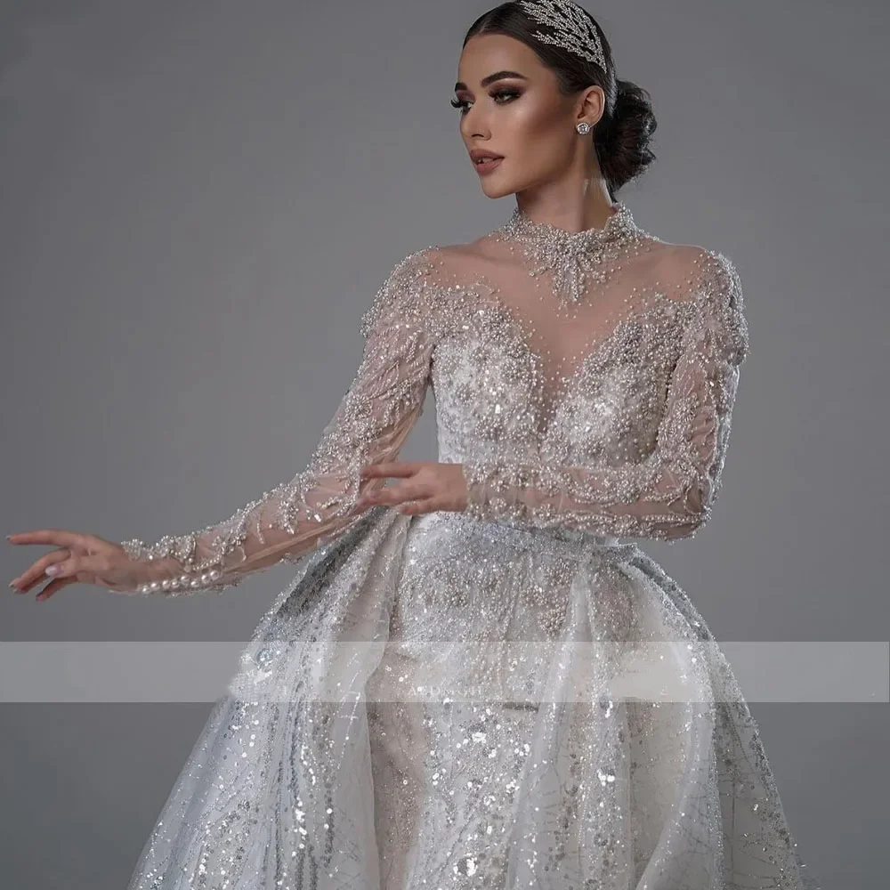Luxury Shiny Long Sleeve Mermaid Wedding Dress Lace High Neck Tank Top Detachable Train Crystal Beads Retro Custom Wedding Dress