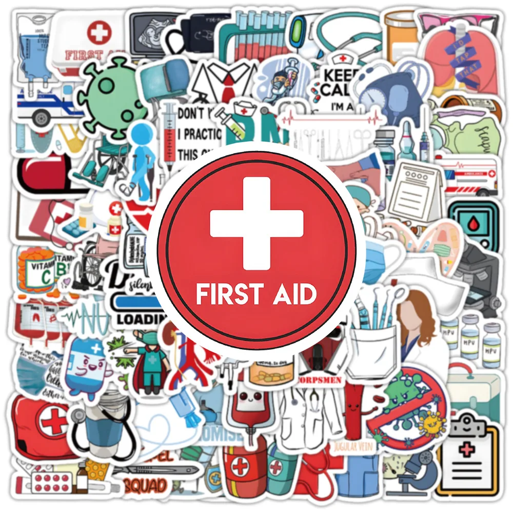 50/100Pcs Doctor Stickers Cartoon Medical Vinyl Decal Waterproof Nursing Sticker Pack for Luggage Water Bottle Decor