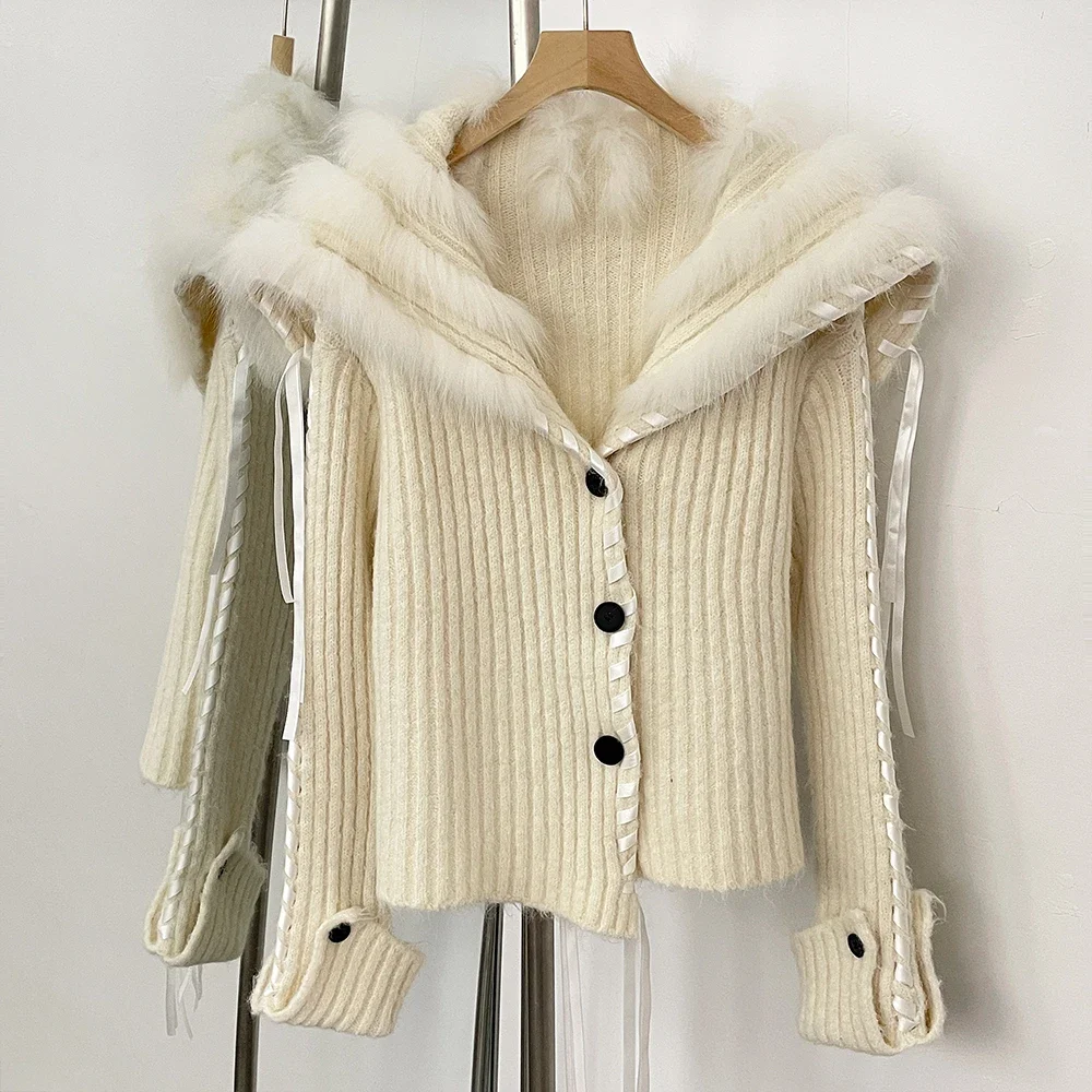 

Reality Fur Jacket Knitwear Short Cardigan 2025 Real Fox Fur Knitted Sweater Women Spring Autumn Female Real Fur Knitted Lady