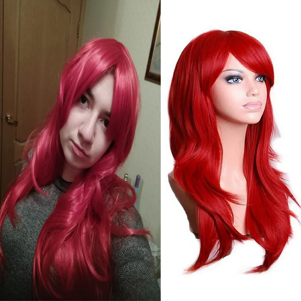 QQXCAIW Long Wavy Cosplay Wig Red Green Purple Pink Black Blue Sliver Gray Blonde Brown 70 Cm Synthetic Hair Wigs