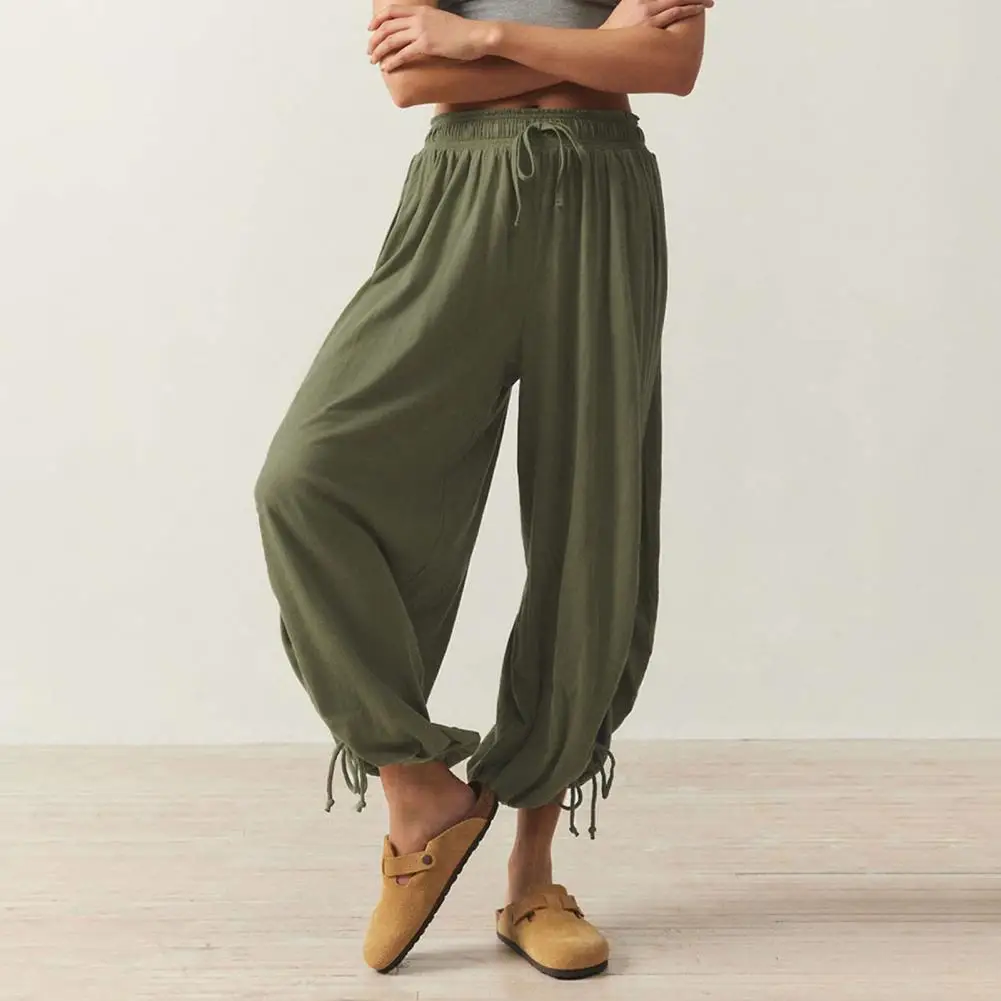 Women Bloomers High-Drape Side Shirring Wide Leg Pants with Elastic Waistband Adjustable Drawstring Pure Color Casual Pants