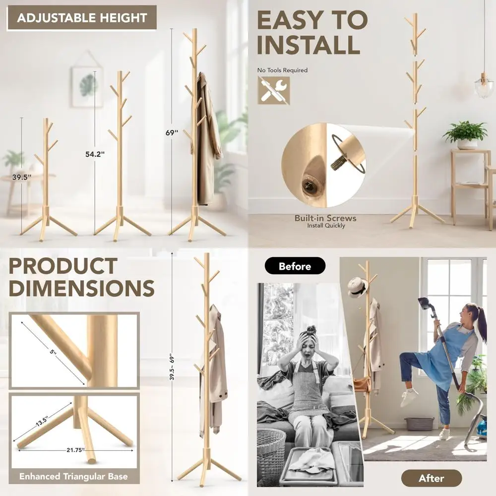 

Прочная деревянная вешалка для одежды с 8 крючками, регулируемая по высоте для детей и взрослых, идеально подходит для прихожей, спальни или офиса.