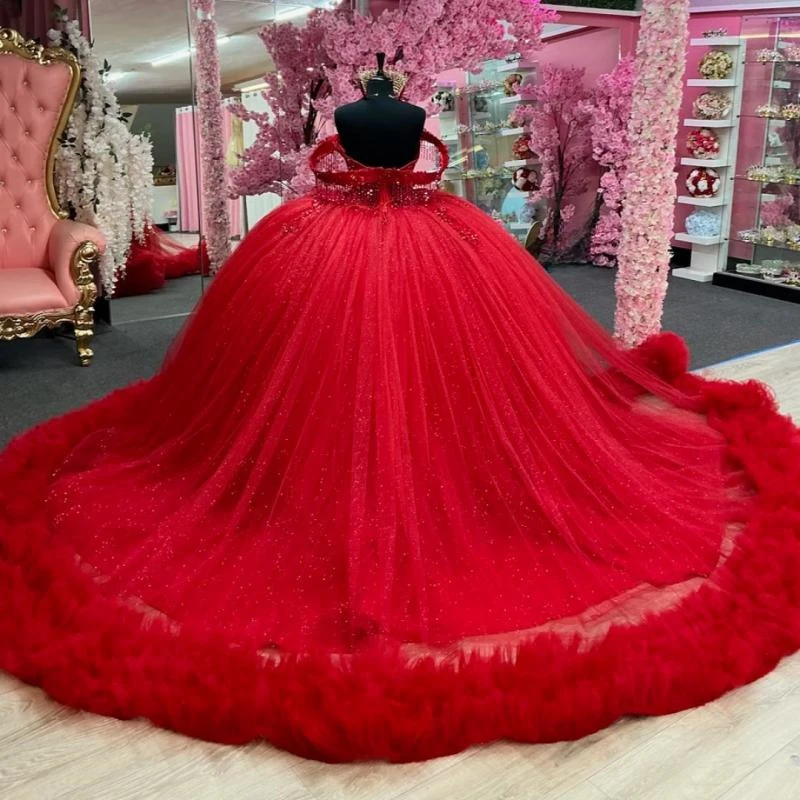 Personalizado vermelho brilhante quinceanera vestidos de baile lantejoulas apliques rendas miçangas tull em camadas espartilho festa aniversário doce 16 vesti