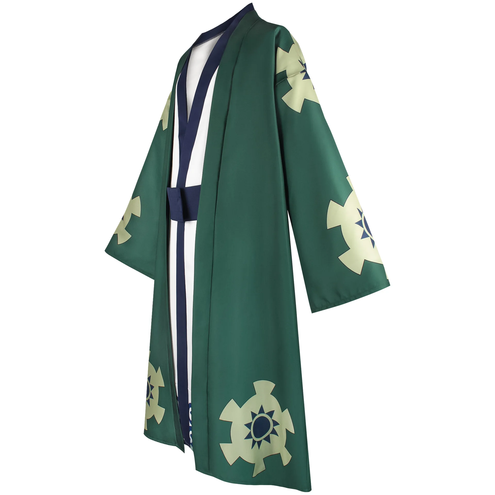 Traditional Japanese Samurai Kimono Suit Green Geometric Print Long Cardigan Robe with Inner Top & Belt Male Anime Cosplay Outfi view 3