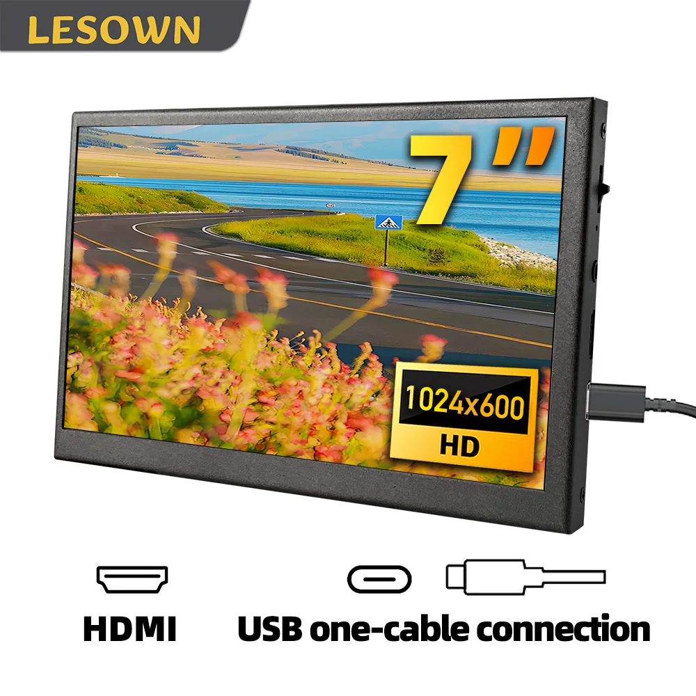 

LESOWN 7 10.1 Inch 1024x600 IPS USB-C External Screen Portable Monitor Auxiliary Screen Edge Display for Windows mac OS Laptop