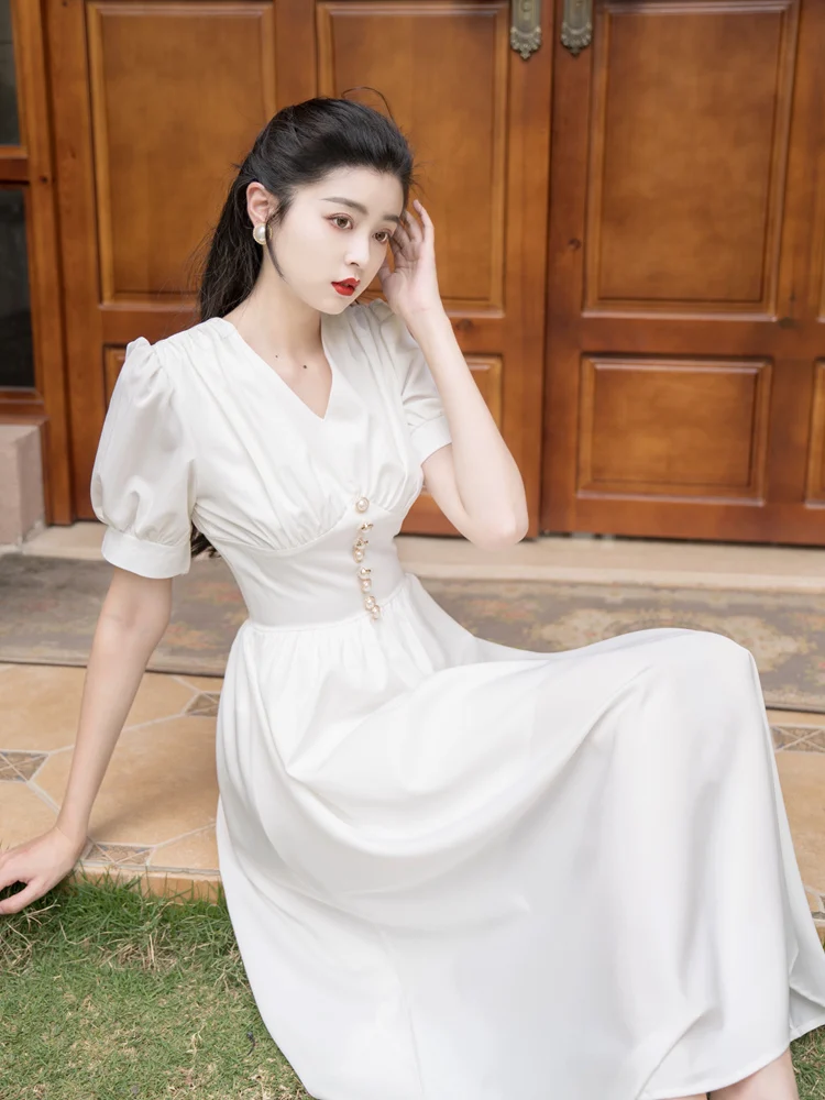 

Summer 2022 New Women Wear Pure Tea Party French White Dress Temperament V Neck Elegant Casual Fashion Vintage Feminine Vestido