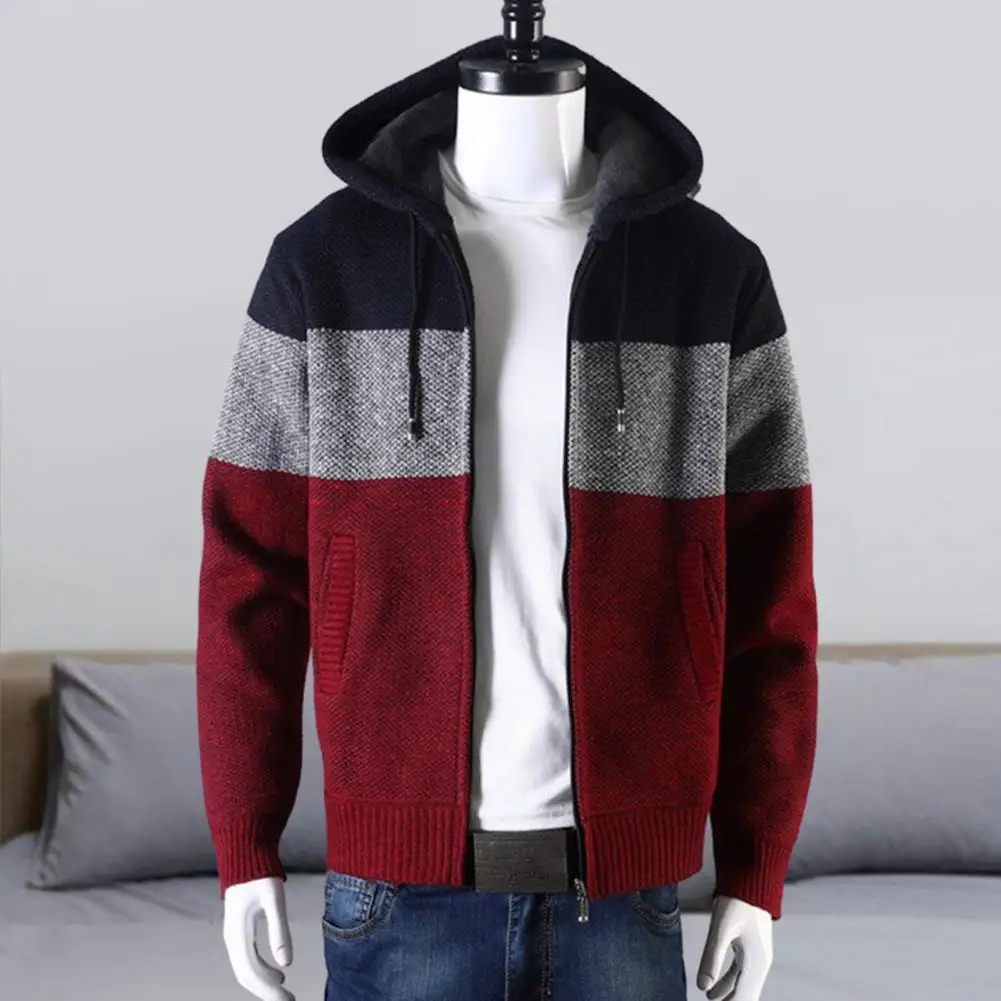 

Men Sweater Jacket Colorblock Knitted Hooded Men's Sweater Jacket with Drawstring Closure Warm Thick Long Sleeve Mid for Winter