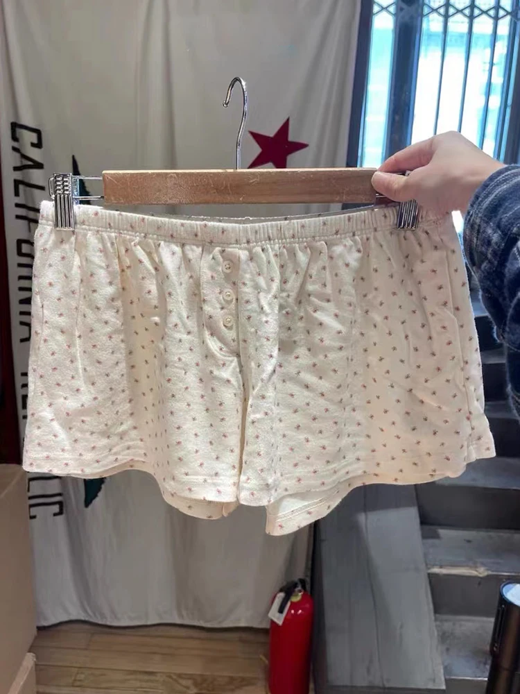 

Sweet Floral Cotton Shorts Summer Elastic High Waist Buttons Straight Short Pant Women Vintage Cute Casual Home Shorts Underwear