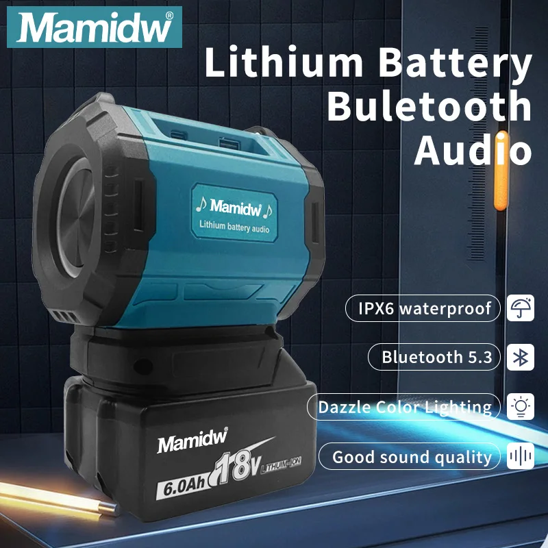 Mamidw مكبر صوت محمول سماعة لاسلكية تعمل بالبلوتوث مضخم صوت خارجي مقاوم للماء مكبر صوت ستيريو محيطي لدبوس بطارية ماكيتا 18 فولت