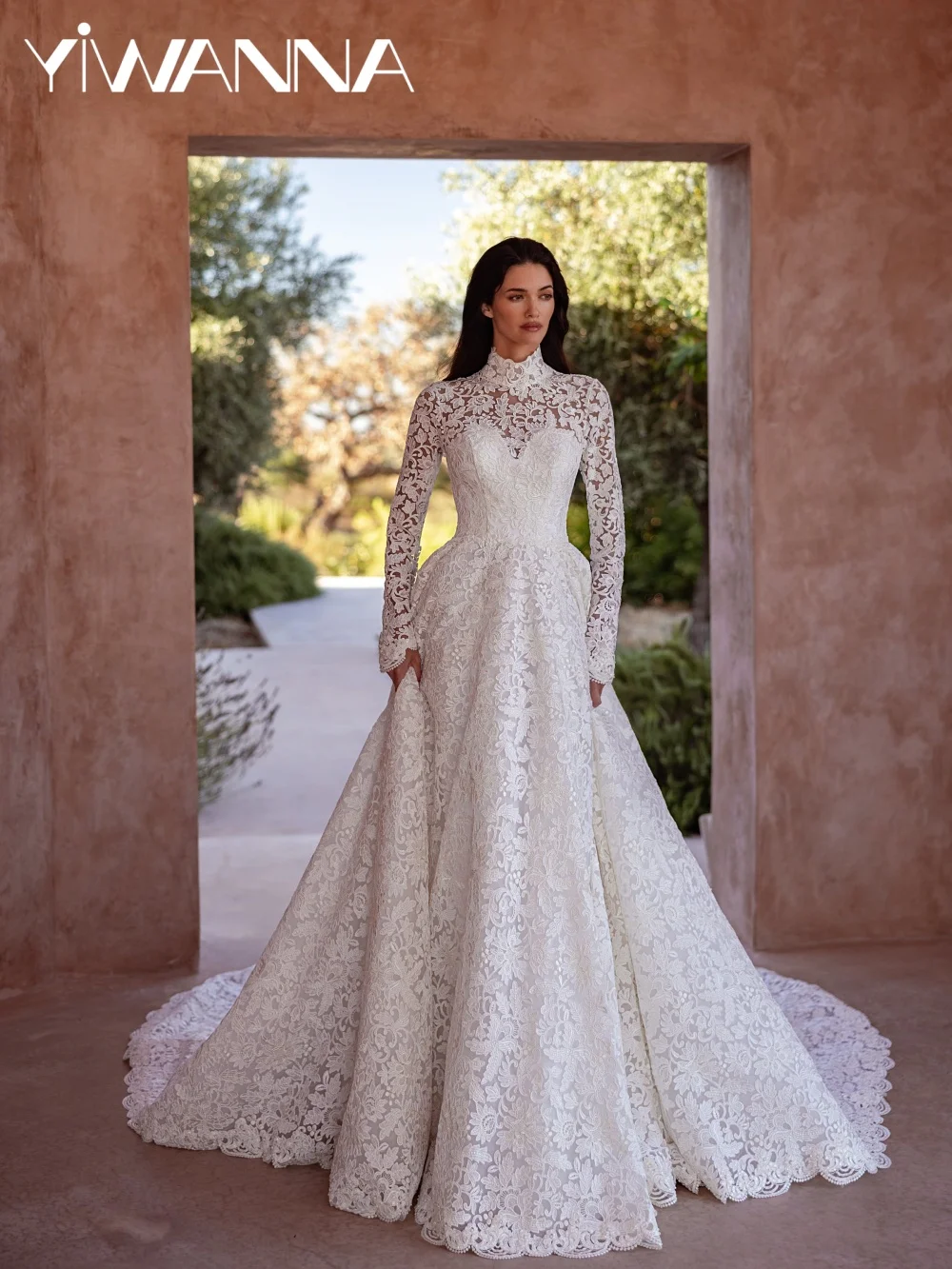 

Romantic A-line Lace Floor-length Wedding Dress Modest High Collar Long Sleeve Bridal Gown Customized Charming Dresses For Bride