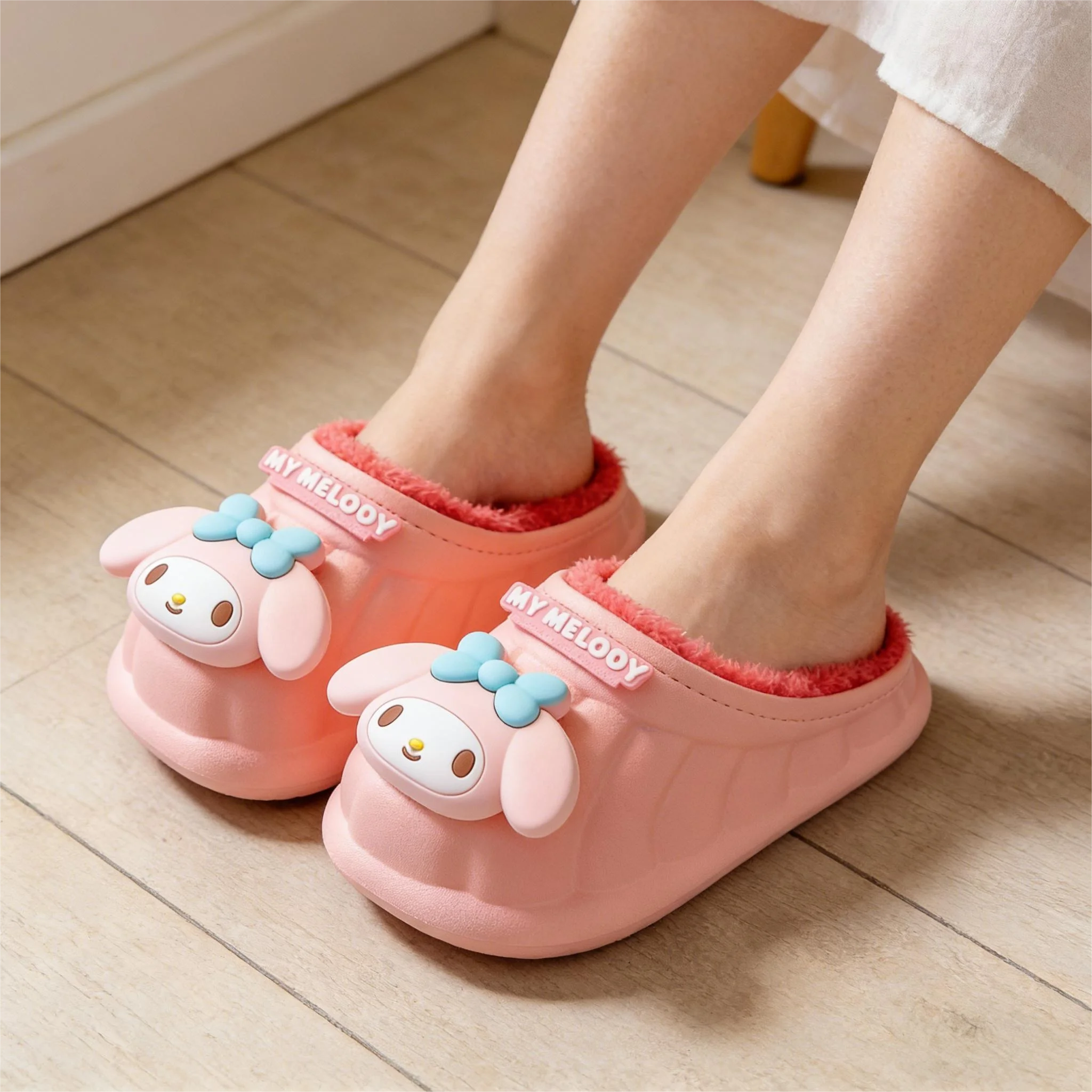 

Cartoon Winter Warm Cotton Home Floor Waterproof Slippers Antislip Family Shoes In Door Cute Sweet Kuromi Hello Kitty Size 24-41