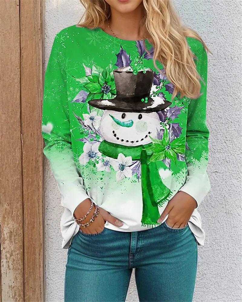 Christmas Snowman Pattern Women Fashion Polychrome Long Sleeve T-Shirts Autumn New 3D Printed Street Clothing Christmas Tops