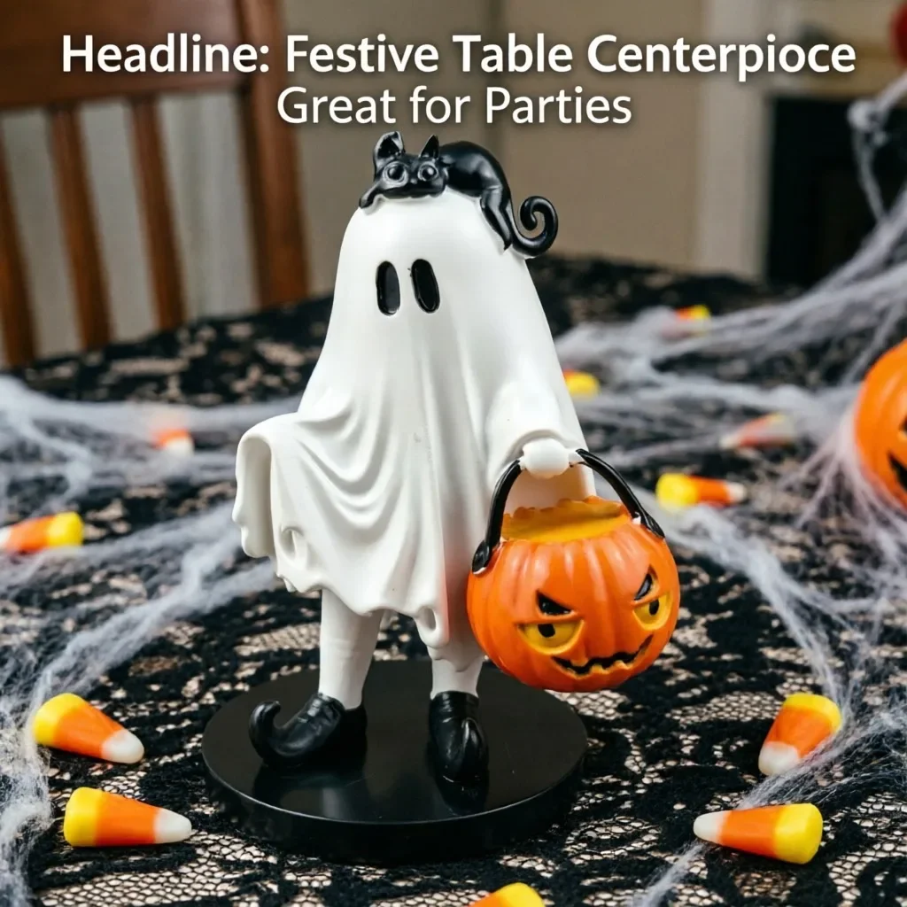 Halloween Ghost Pumpkin Statue Resin, Figurine 11x9x15.5cm Holiday Display Table, Centerpiece Party Decor Christmas Gift