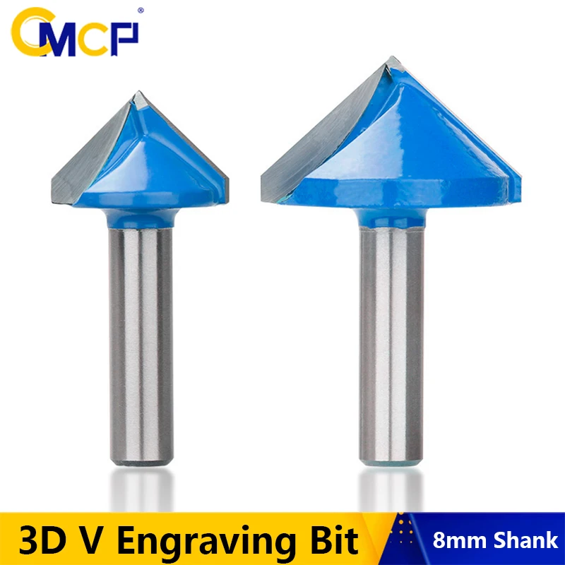 

CMCP 1 шт. V-образная 3D гравировальная фреза с хвостовиком 8 мм, 90 градусов, карбидная фреза с V-образной канавкой, гравировальная фреза с ЧПУ для дерева