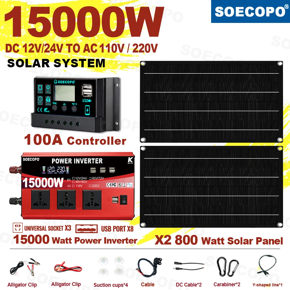 SOECOPO 15000W Peak Solar System Kit 2x800W Panels 100A Controller DC 12V/24V To AC 110V/220V Inverter 3 Sockets 8 USB for Home
