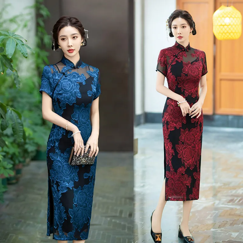 

Old Shanghai Retro National Style Improved Chinese Long Cut Flowers Short Sleeve Robe Qi Pao Spring and Summer New Cheongsam