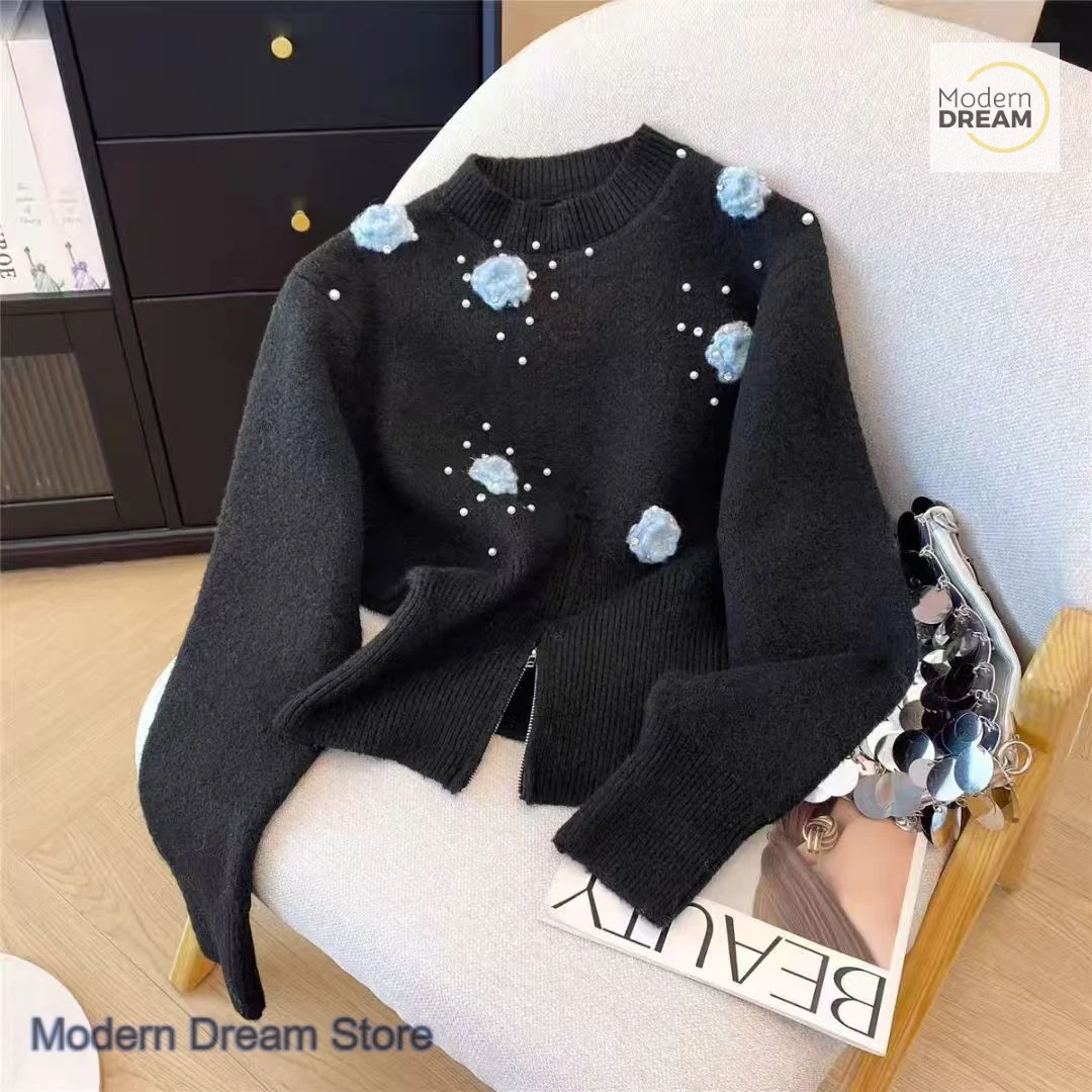 Korean style beading super good-looking sweater women's autumn and winter new western-style advanced zipper split sweater top