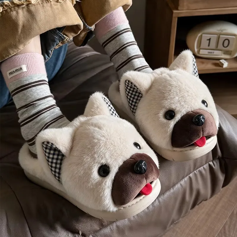 Autumn Winter Soft Furry Puppy Plush Slippers 3D French Bulldog Cute Half Open Slides Coffee Brown Non Slip Thick Sole Footwear