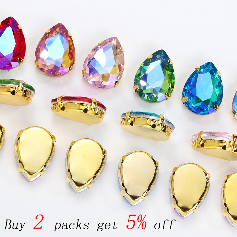 Glass Colorful Water Drop Shape Stones Rhinestones With Claw Sew On Crystal Diamond Metal Base Buckle Wedding Dress Decoration