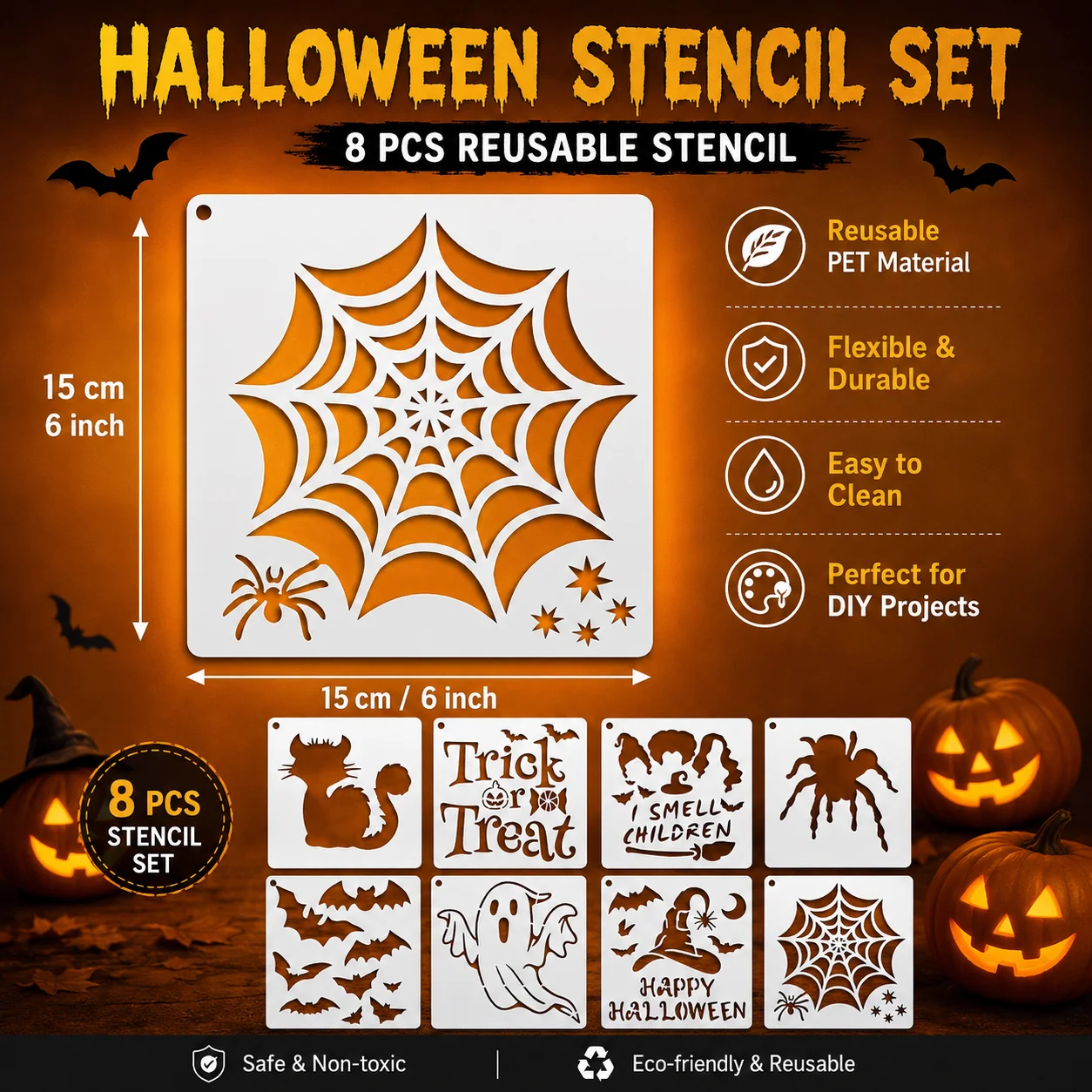 8Pcs Halloween Stencils Reusable PET Painting Templates Holiday Pumpkin Ghost Bat Spider Web for Wood Window Wall DIY Crafts Dec