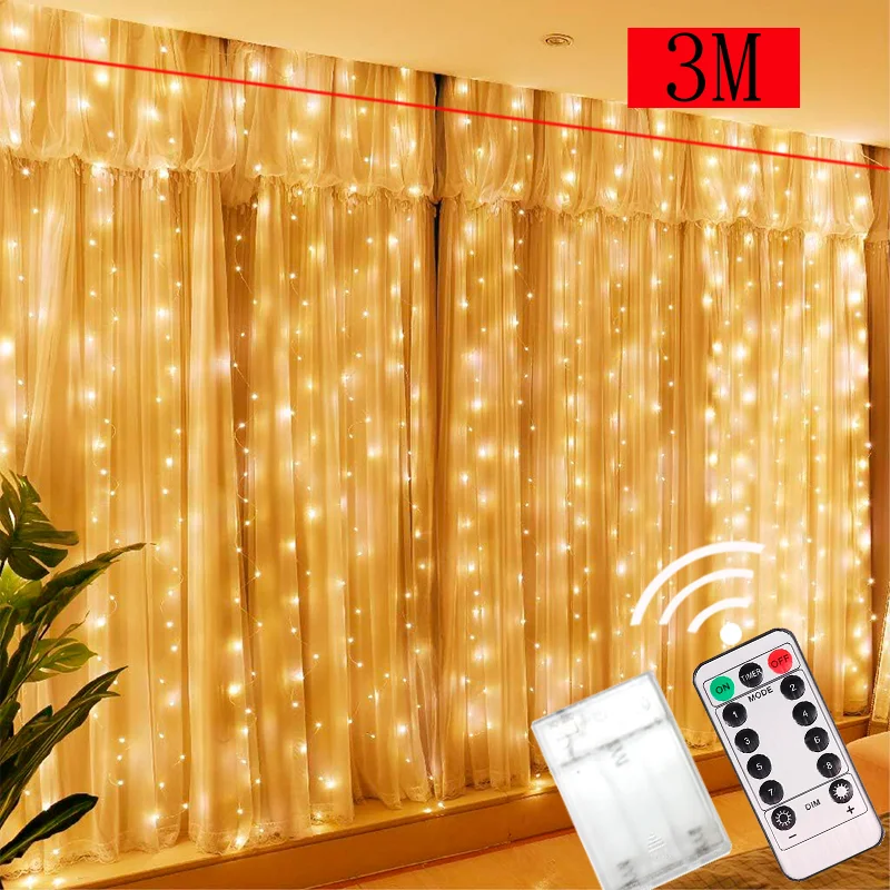 Batterijdoos LED-slinger Gordijnverlichting Afstandsbediening Kerstverlichting String Bruiloft Kerst Decor voor Thuis Vakantie Nieuwjaar Lamp