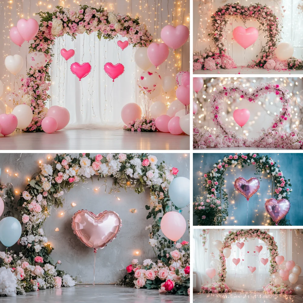 Fondo de fotografía del Día de San Valentín amor corazón flores globo 14 de febrero despedida de soltera decoración del banquete de boda foto fondo