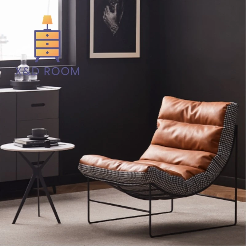 X&D Lazy Leather High Resilience Sofa Living Room Balcony Bedroom Casual Iron Sofa Industrial Style Nordic Bedroom Rocking Chair