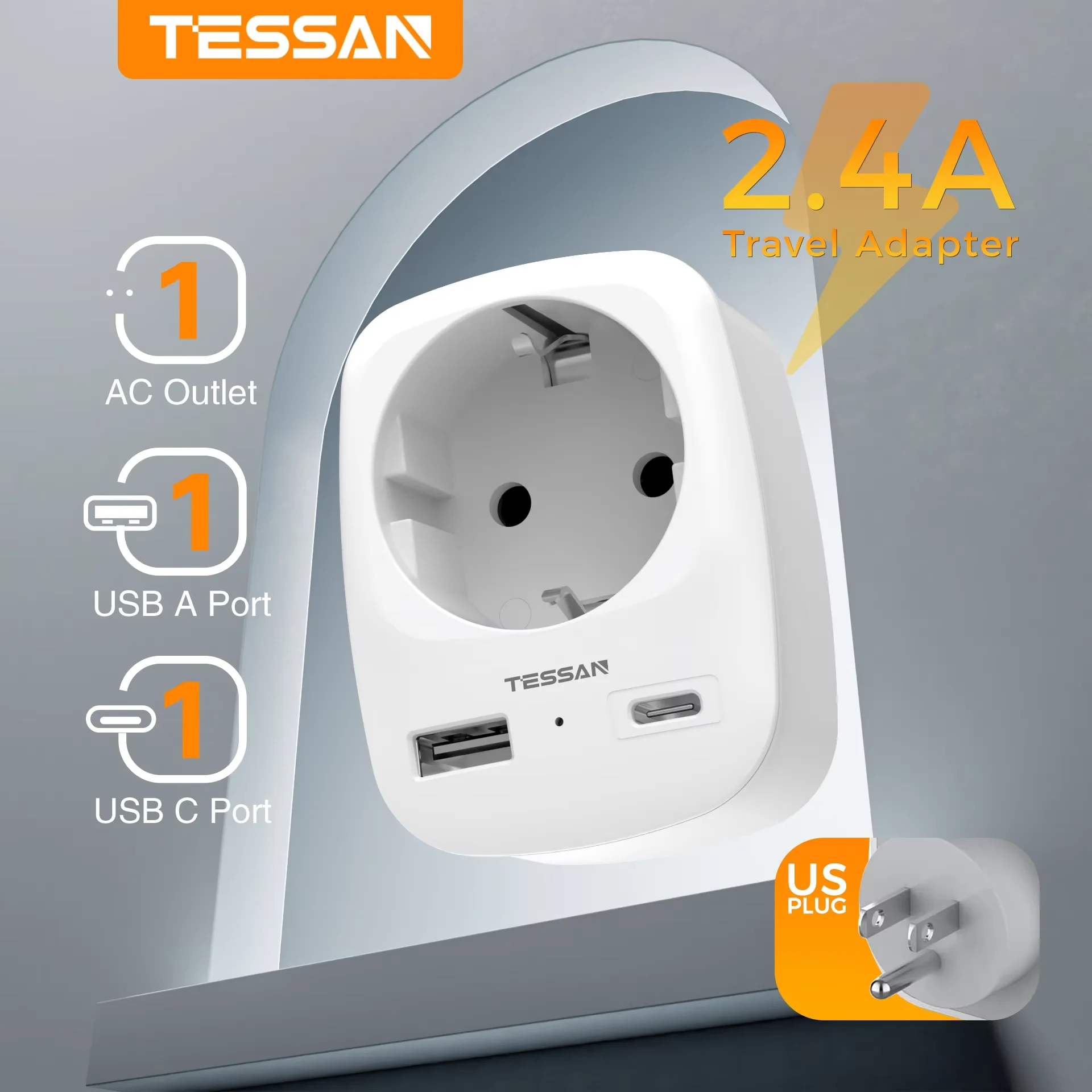 TESSAN Travel Adapter EU To USA Adapter America Europe Plug with USB C 3A Socket Adapter Travel Power Adapter for Canada Mexico