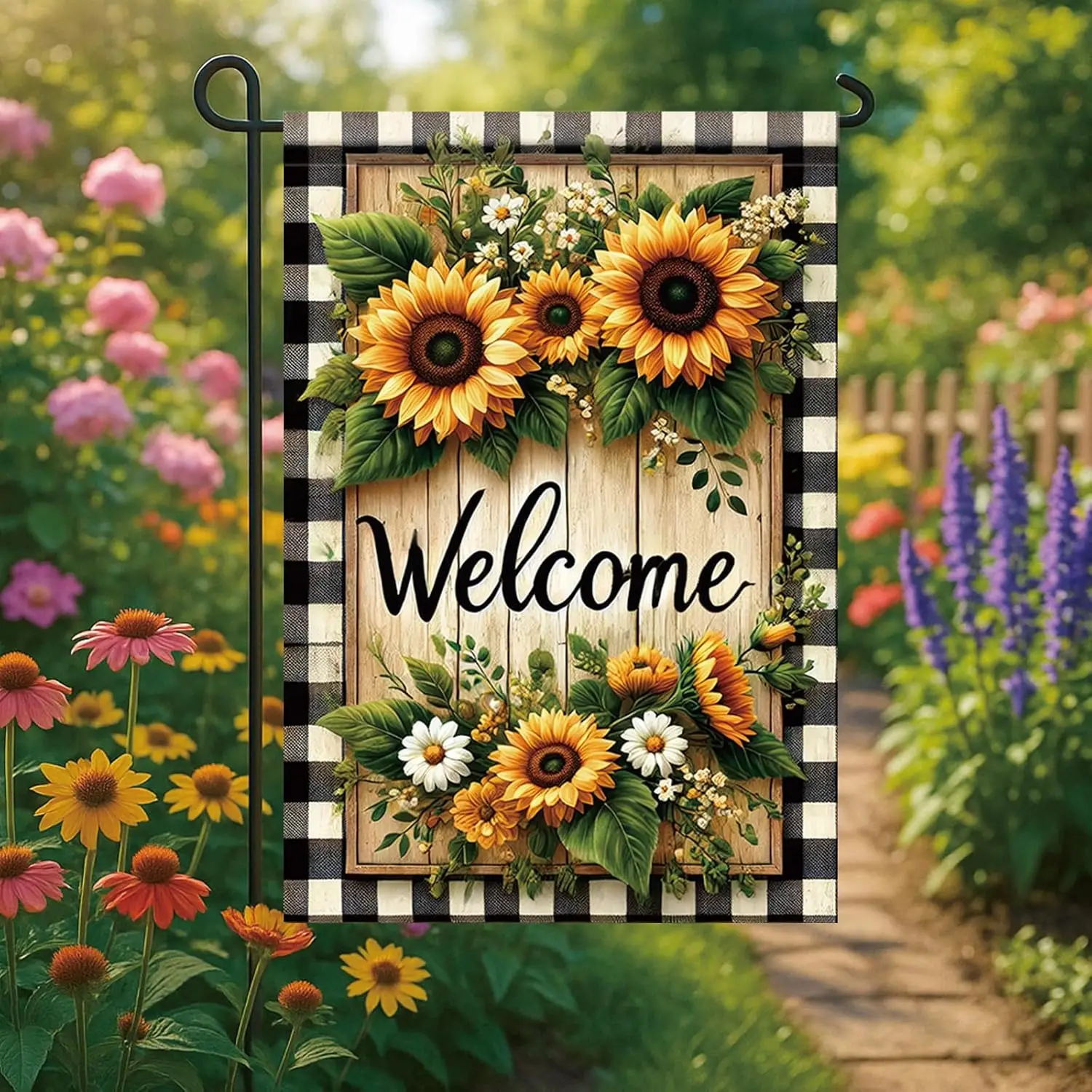 Spring Summer Garden Flag 12x18 Inch Sunflower Welcome Buffalo Plaid Farmhouse Floral Design Outdoor Yard Porch Lawn for Sea AAS