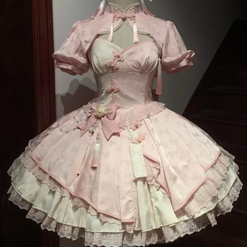 2025 novo doce renda borla estilo chinês elegante moda rosa azul cosplay mini vestido y2k japonês lolita vestido