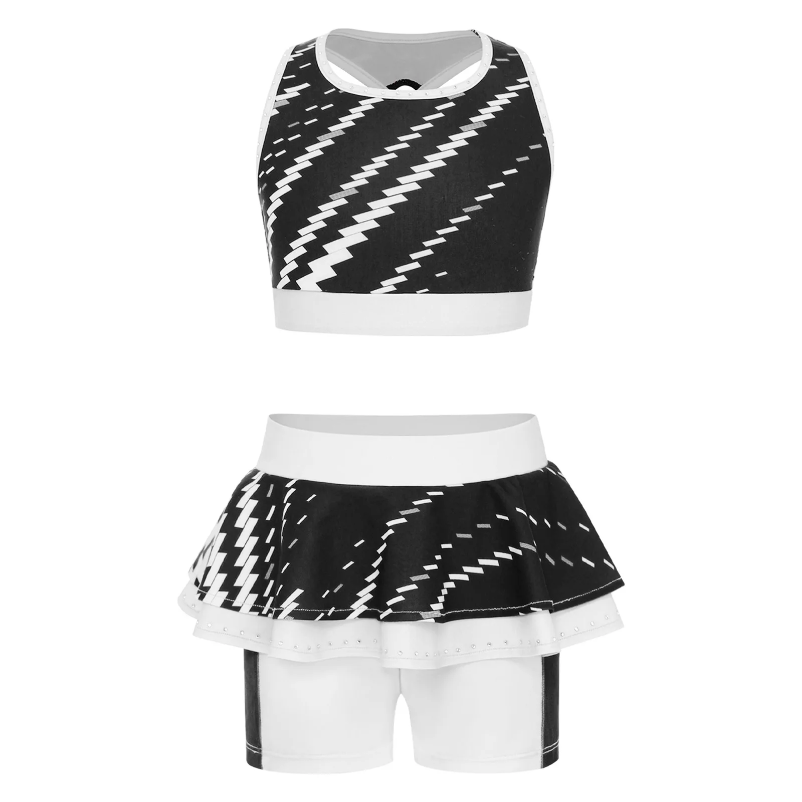 

Kids Girl's Cycling Workout Yoga Sports Set Sleeveless Cross Back Crop Top+Two-Layer Ruffles Shorts for Gymnastics Performance