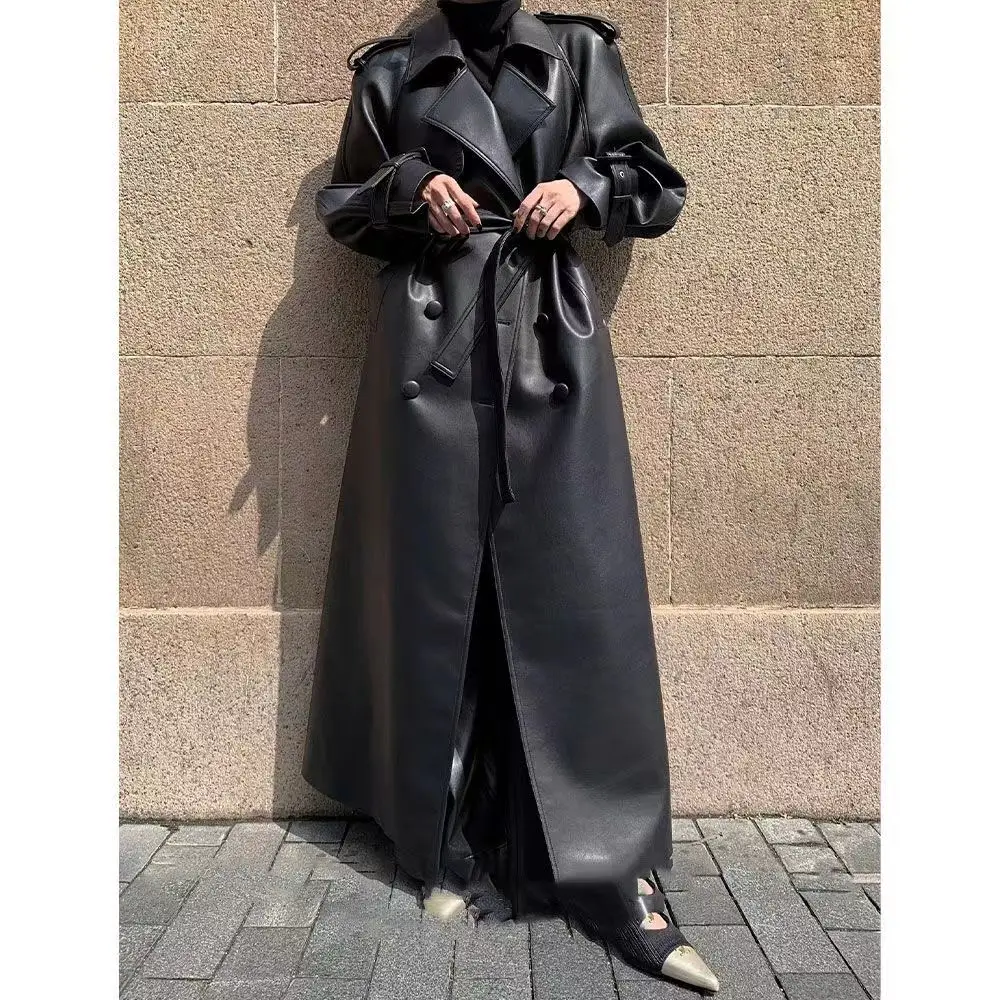Dames PU-leren jas Reversriem Double-Breasted Luxe Hoge kwaliteit Lente Herfst Lange oversized zwarte leren trenchcoat